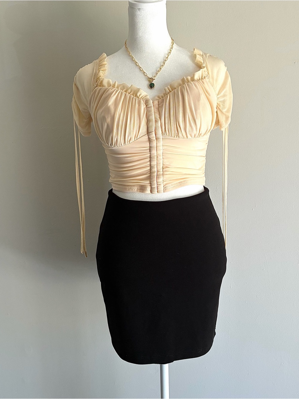 Windsor Cream ruched mesh corset short sleeve cropped top